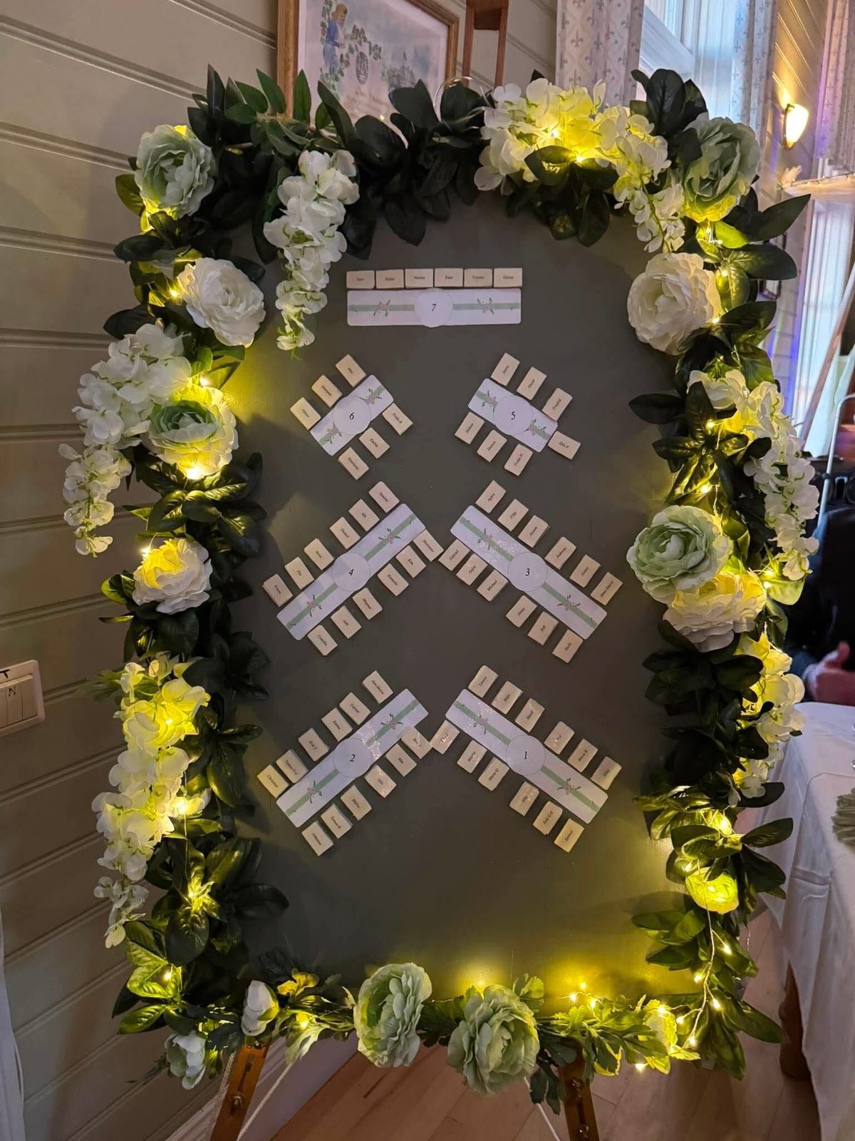 Placeringstavlan inramad av blommor och ljusslingor